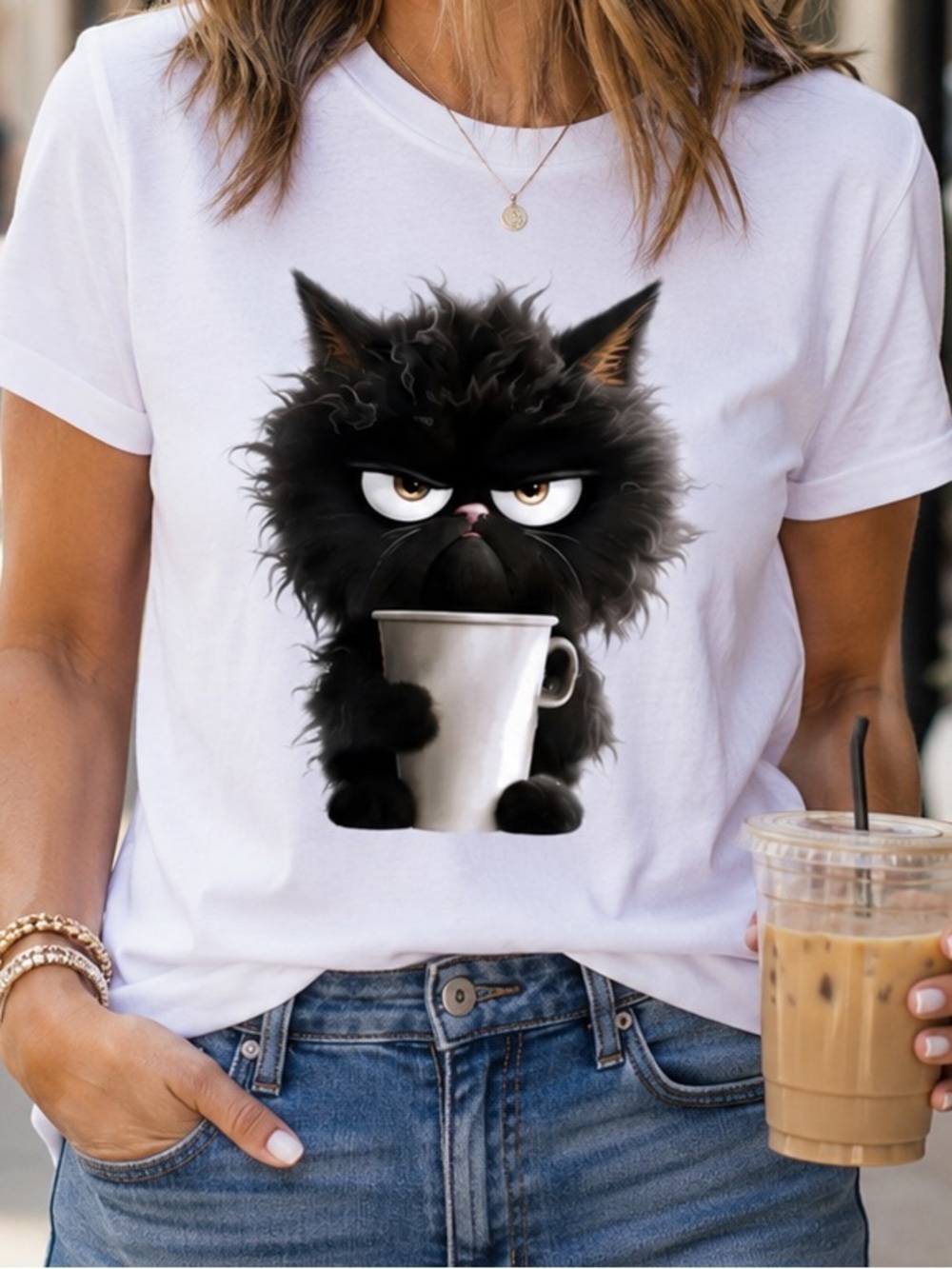 Funny Cat Graphic Tee XL White Coffee Cup Short Sleeve NWT